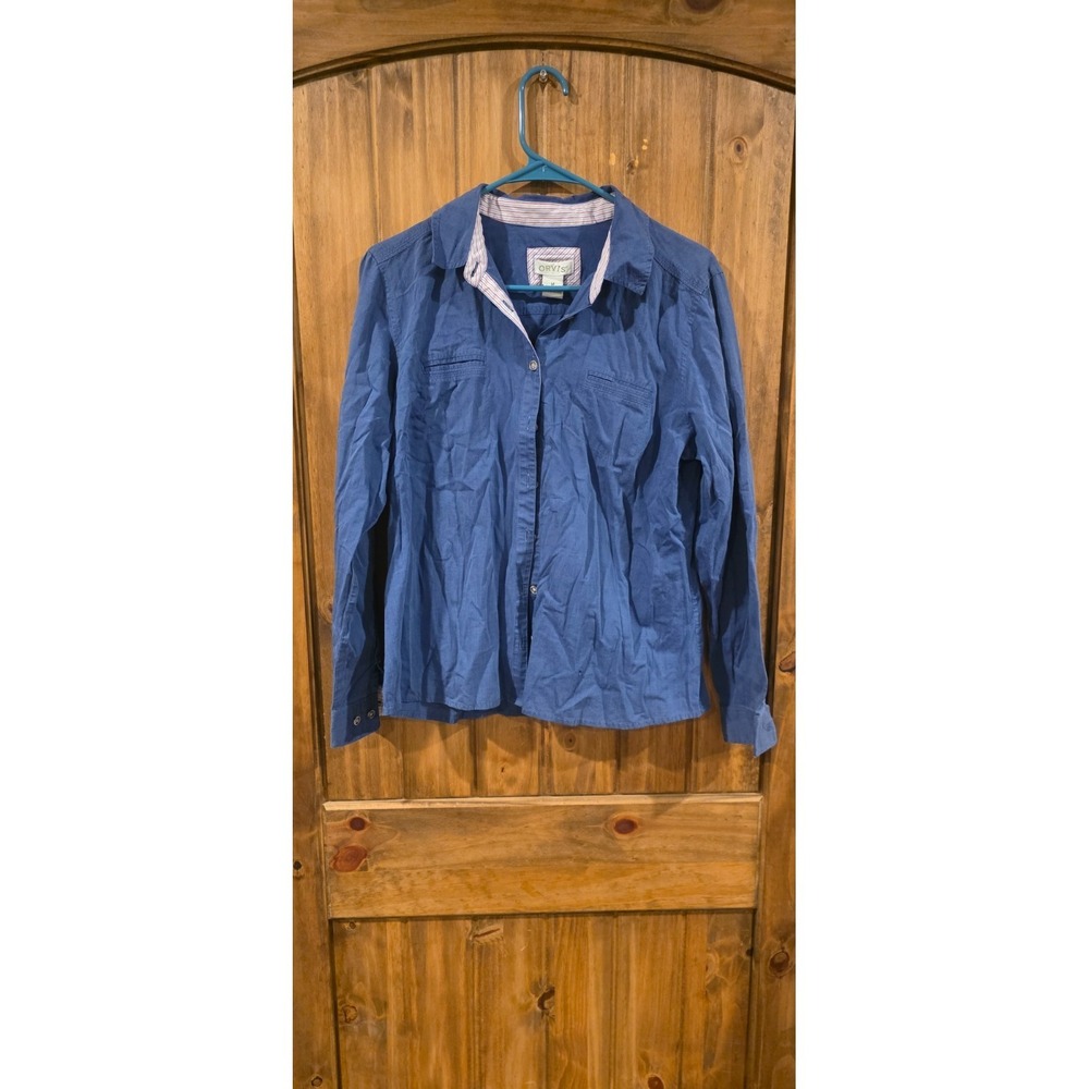 Orvis Button‎ Up Shirt Womens Size M Blue Long Sleeve Pocket Front Classic